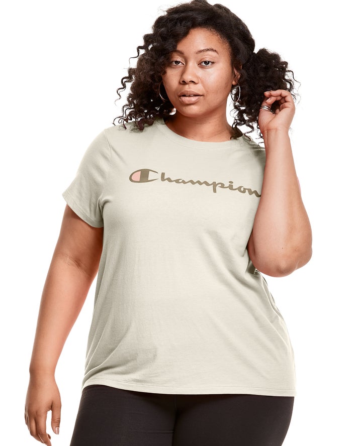 Champion Womens T-Shirt NZ - Plus Classic Script Logo Cream ( 9458-UFOJR )